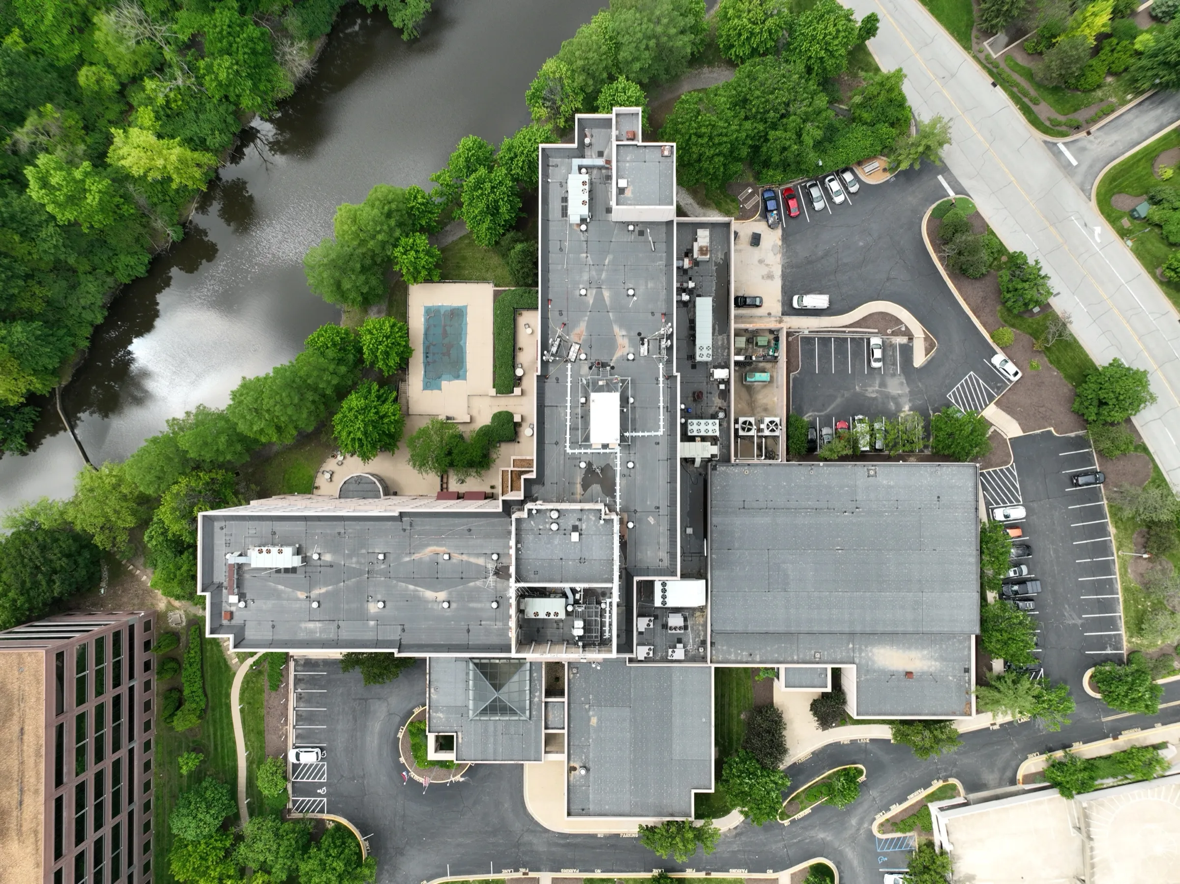 Overhead drone inspection image of a commercial rooftop
