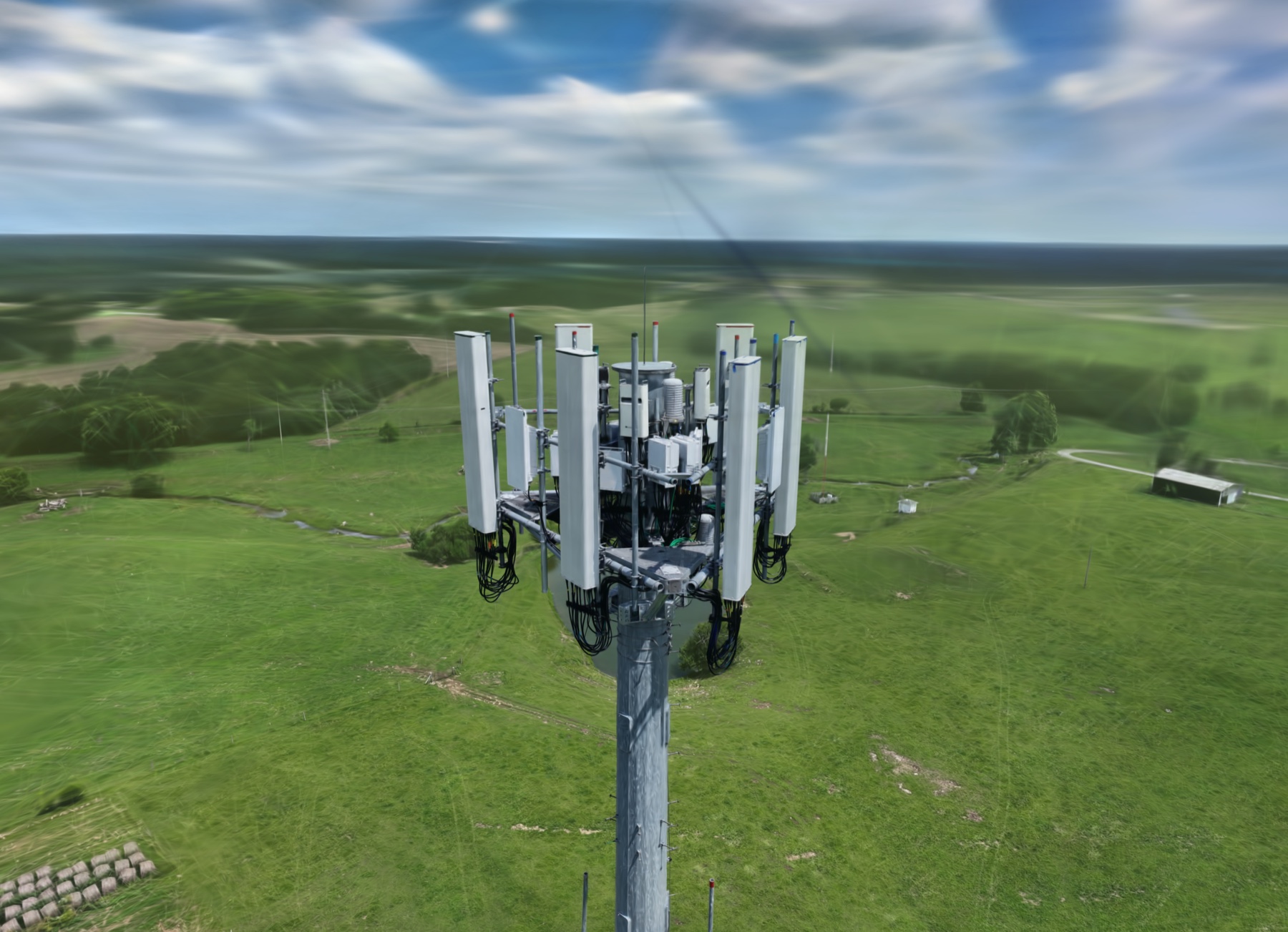 Detailed Gaussian render of cell tower antennas and cable routing